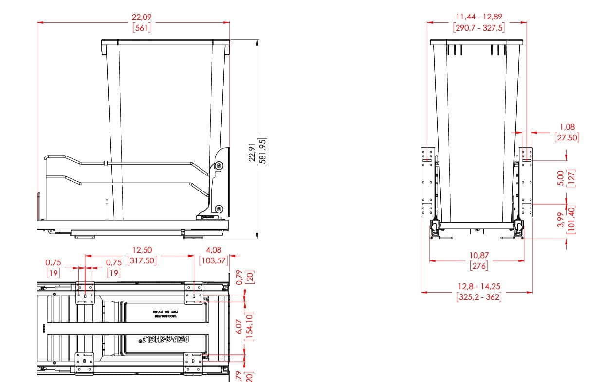 Steel Bottom Mount 50 qt Single Waste Container W/Soft Close